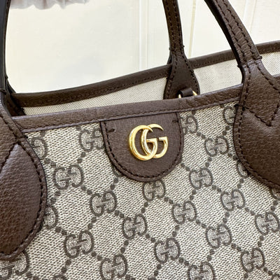 Gucci Ophidia Medium Tote in GG Supreme Canvas with Brown Leather Trim