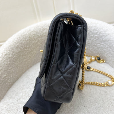 Chanel Seasonal Medium Flap with Imitation Pearl and Black Resin Chain in Black Lambskin and GHW (23cm) (Model: AS3480)
