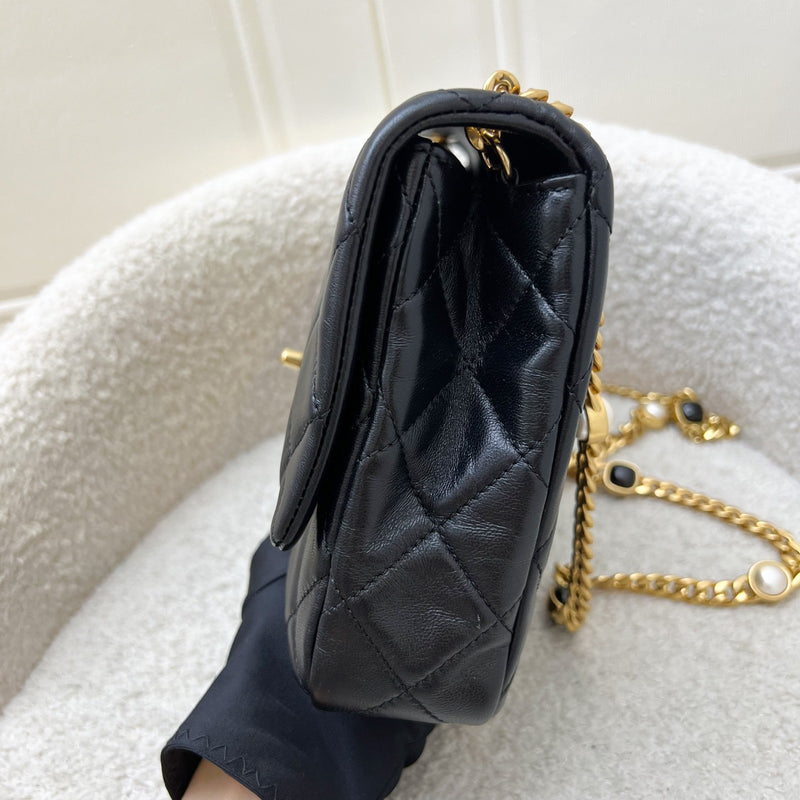 Chanel Seasonal Medium Flap with Imitation Pearl and Black Resin Chain in Black Lambskin and GHW (23cm) (Model: AS3480)