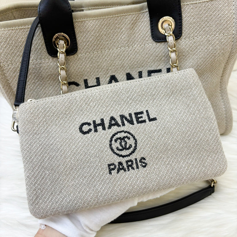 Chanel Small Deauville Tote in 22S Beige Fabric, Black Trim and Handles and LGHW