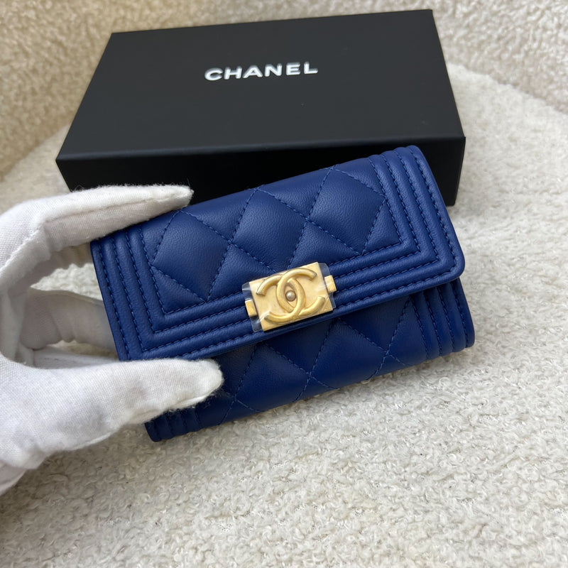 Chanel Boy Card Holder in Blue Lambskin and AGHW (Model: A80603)