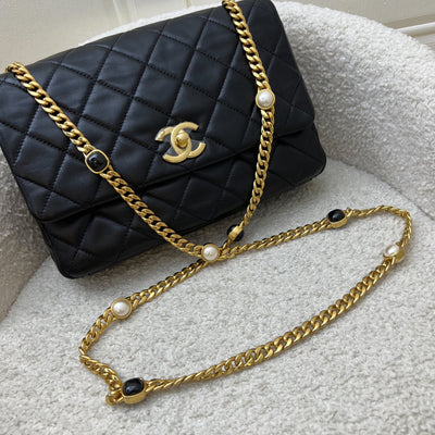 Chanel Seasonal Medium Flap with Imitation Pearl and Black Resin Chain in Black Lambskin and GHW (23cm) (Model: AS3480)