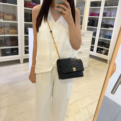 Chanel Seasonal Medium Flap with Imitation Pearl and Black Resin Chain in Black Lambskin and GHW (23cm) (Model: AS3480)