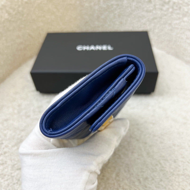 Chanel Boy Card Holder in Blue Lambskin and AGHW (Model: A80603)