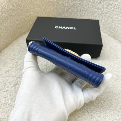 Chanel Boy Card Holder in Blue Lambskin and AGHW (Model: A80603)