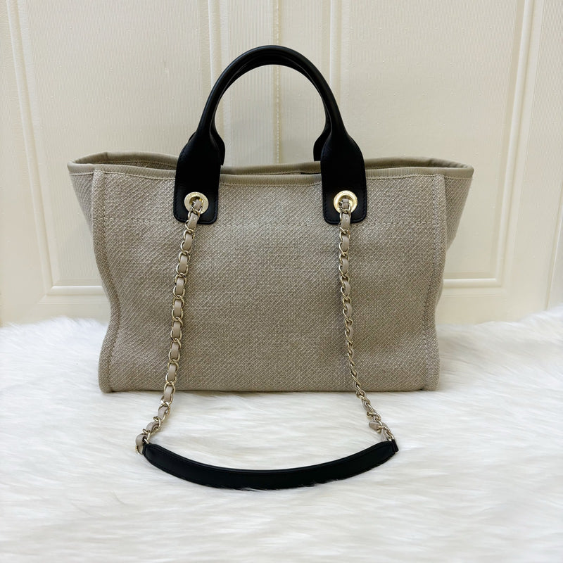 Chanel Small Deauville Tote in 22S Beige Fabric, Black Trim and Handles and LGHW