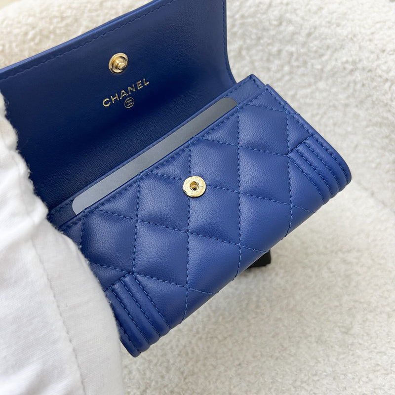 Chanel Boy Card Holder in Blue Lambskin and AGHW (Model: A80603)