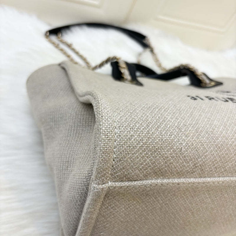 Chanel Small Deauville Tote in 22S Beige Fabric, Black Trim and Handles and LGHW