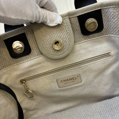 Chanel Small Deauville Tote in 22S Beige Fabric, Black Trim and Handles and LGHW