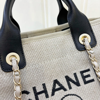 Chanel Small Deauville Tote in 22S Beige Fabric, Black Trim and Handles and LGHW