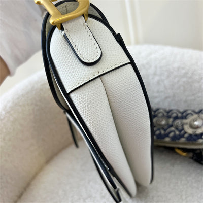 Dior Mini Saddle Bag In White Grained Calfskin GHW + Strap