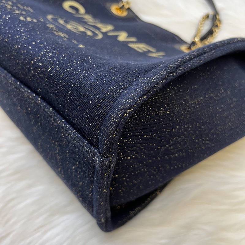 Chanel Deauville Medium Tote in Navy Fabric, Glittery Threading and LGHW