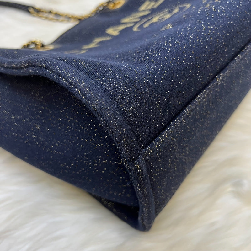 Chanel Deauville Medium Tote in Navy Fabric, Glittery Threading and LGHW