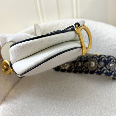 Dior Mini Saddle Bag In White Grained Calfskin GHW + Strap