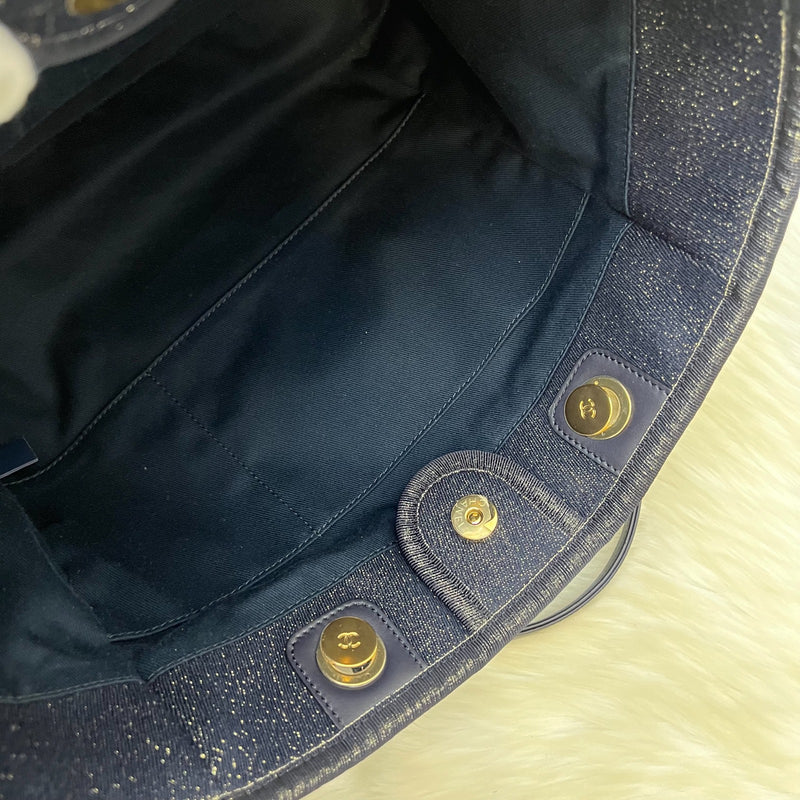 Chanel Deauville Medium Tote in Navy Fabric, Glittery Threading and LGHW