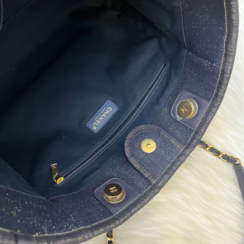 Chanel Deauville Medium Tote in Navy Fabric, Glittery Threading and LGHW