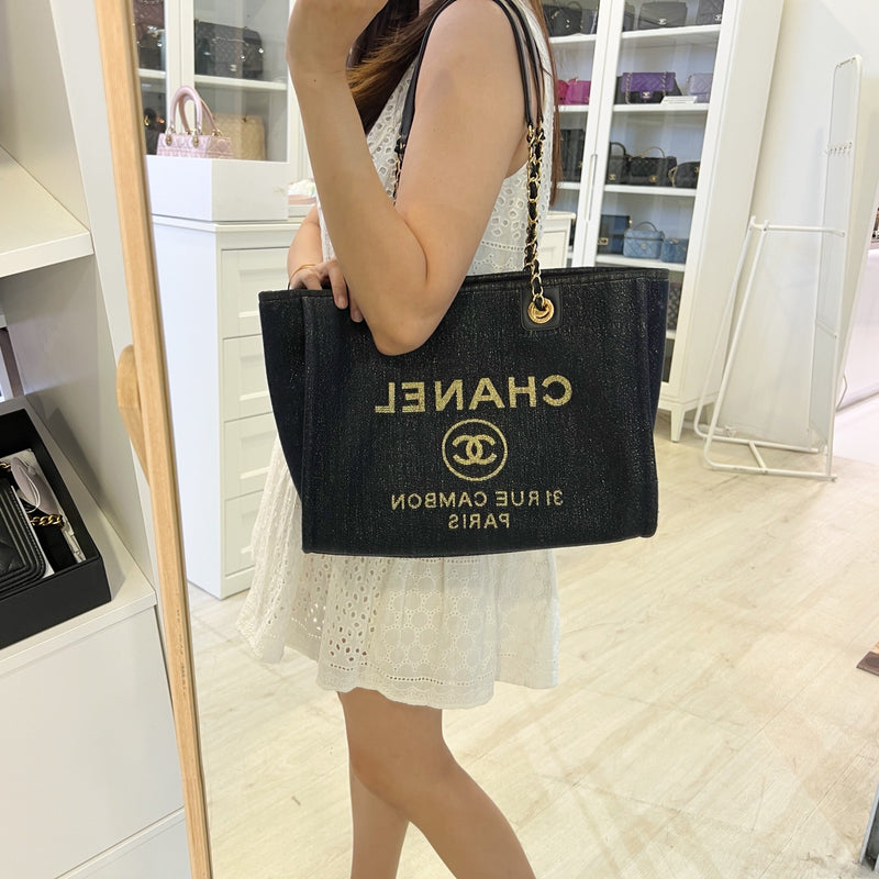 Chanel Deauville Medium Tote in Navy Fabric, Glittery Threading and LGHW