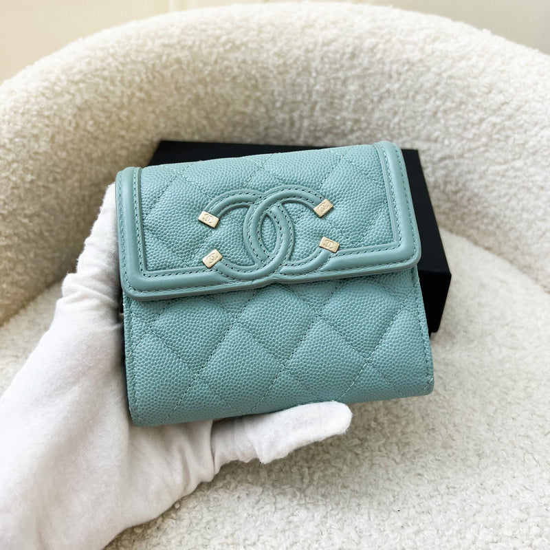 Chanel Filigree Trifold Compact Wallet in Tiffany Blue / Green Caviar GHW