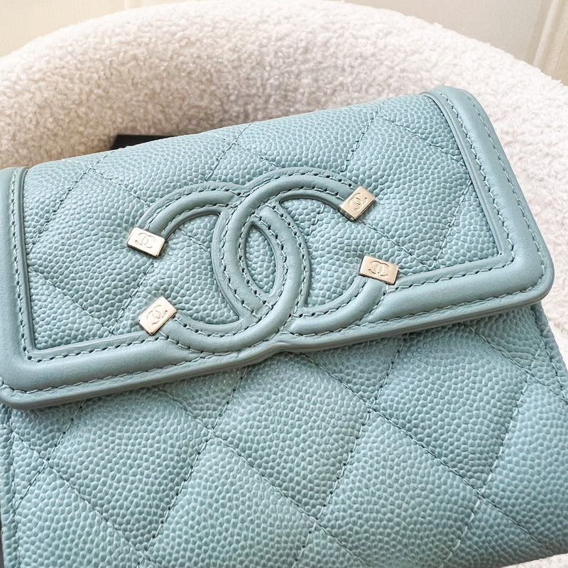 Chanel Filigree Trifold Compact Wallet in Tiffany Blue / Green Caviar GHW