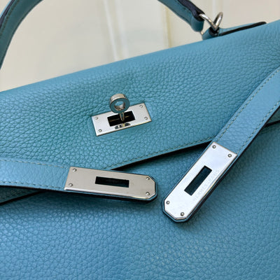 Hermes Kelly 32 in Blue (Turquoise) Clemence Leather and PHW