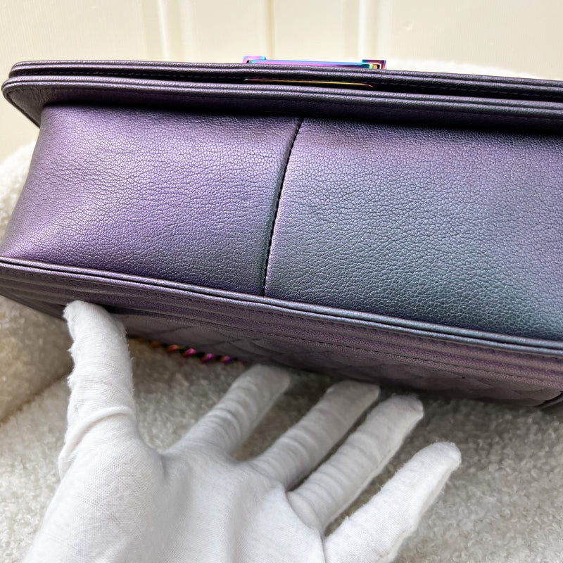 Chanel Medium 25cm Boy Flap in Mermaid Iridescent Purple Goatskin and Rainbow HW