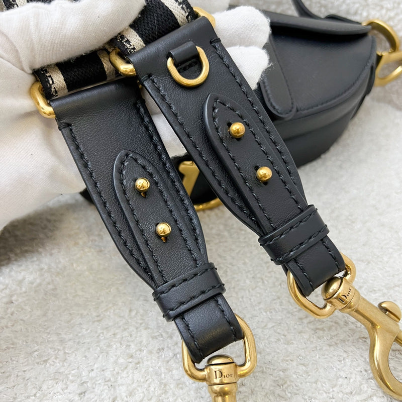 Dior Mini Saddle Bag In Black Grained Calfskin and GHW, with Additional Canvas Adjustable Strap (Model: M0447CBAA)