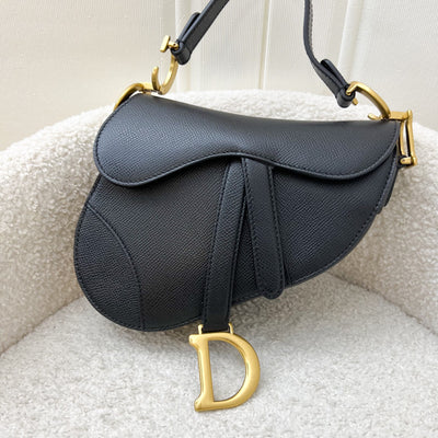 Dior Mini Saddle Bag In Black Grained Calfskin and GHW, with Additional Canvas Adjustable Strap (Model: M0447CBAA)