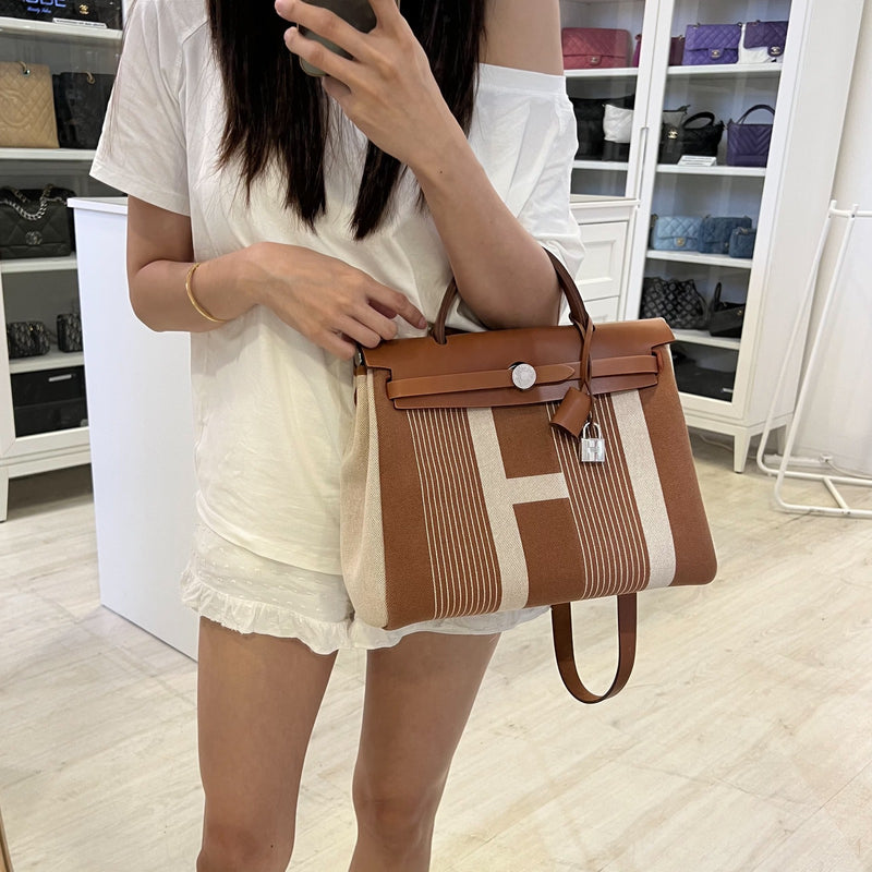 Hermes Herbag 31 with Toile H Plume H Vibration Canvas, Fauve Leather and PHW