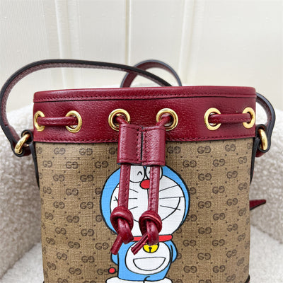 Gucci X Doraemon Small Bucket Bag in Signature Canvas, Red Calfskin and GHW