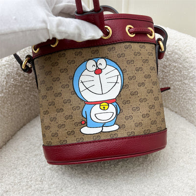 Gucci X Doraemon Small Bucket Bag in Signature Canvas, Red Calfskin and GHW