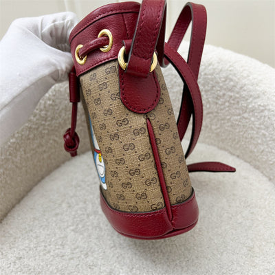 Gucci X Doraemon Small Bucket Bag in Signature Canvas, Red Calfskin and GHW