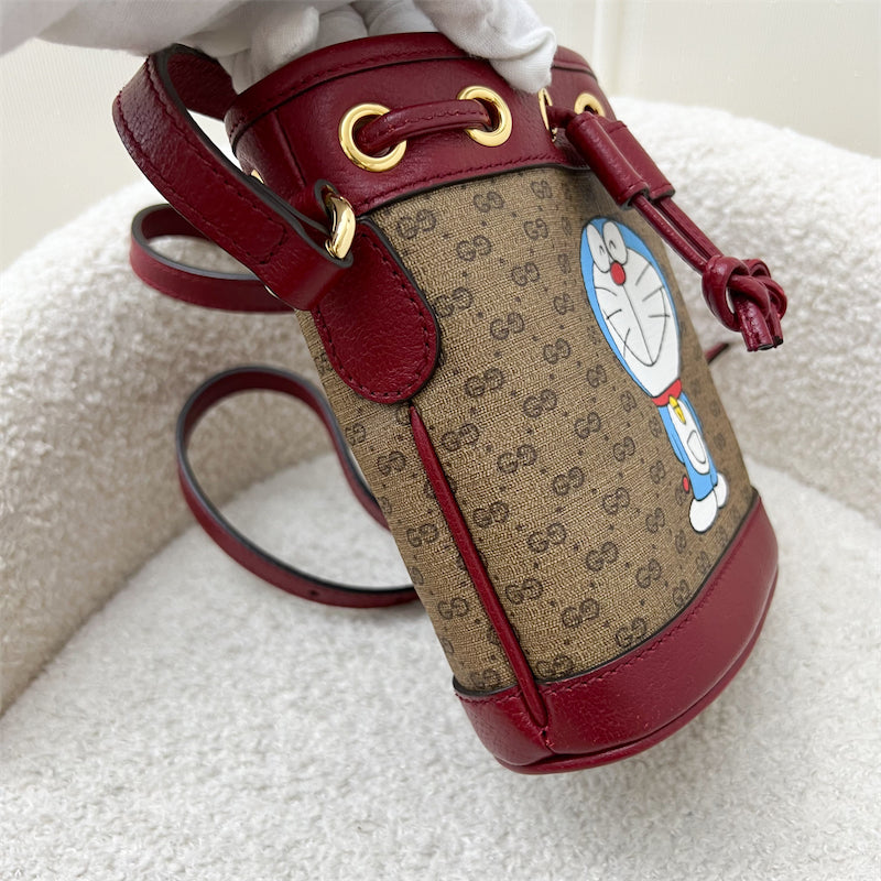 Gucci X Doraemon Small Bucket Bag in Signature Canvas, Red Calfskin and GHW