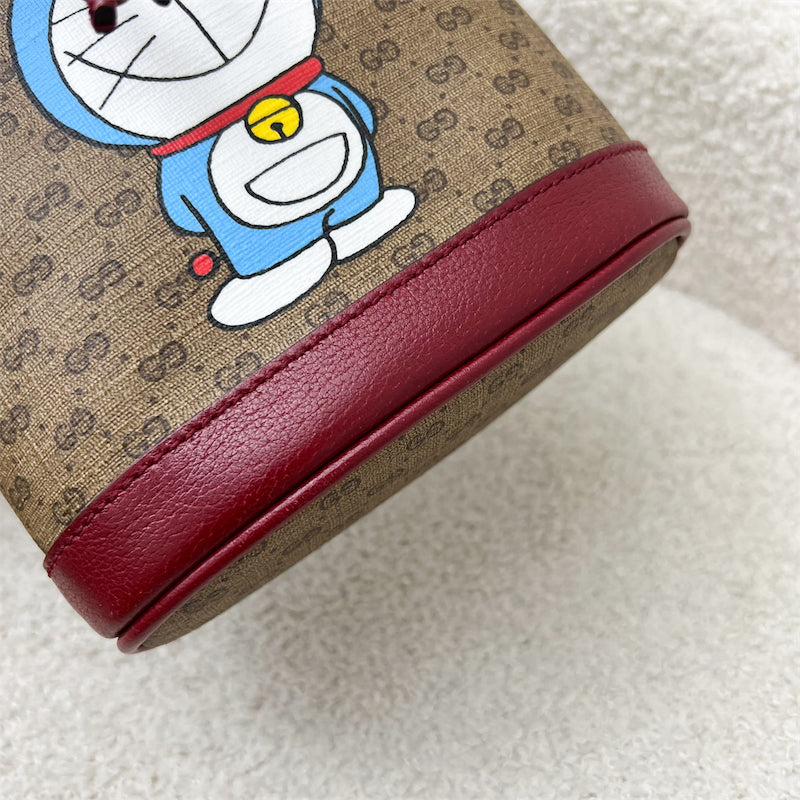 Gucci X Doraemon Small Bucket Bag in Signature Canvas, Red Calfskin and GHW