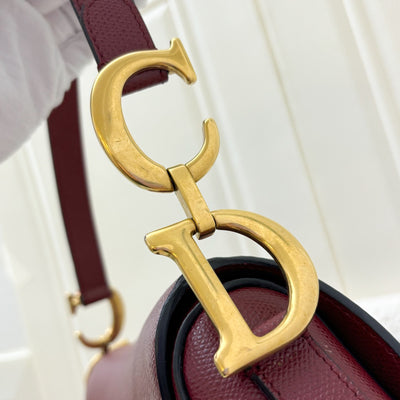 Dior Medium Saddle Bag in Burgundy Red Grained Calfskin and AGHW