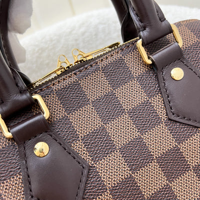 LV Speedy Bandoulière 20 in Damier Ebene Canvas and Chocolate Brown Leather with Beige Canvas Strap