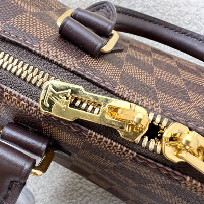 LV Speedy Bandoulière 20 in Damier Ebene Canvas and Chocolate Brown Leather with Beige Canvas Strap