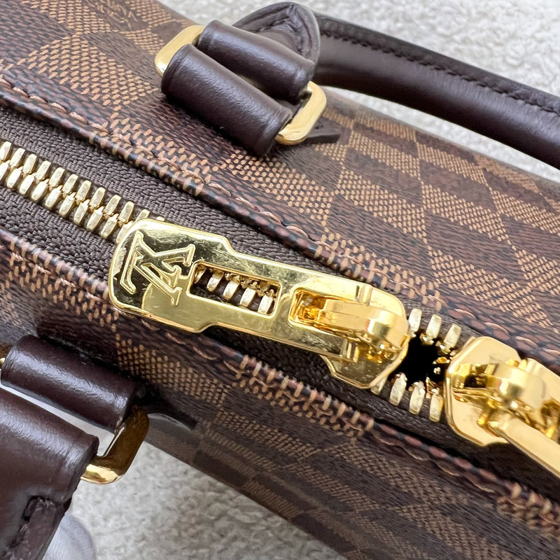 LV Speedy Bandoulière 20 in Damier Ebene Canvas and Chocolate Brown Leather with Beige Canvas Strap