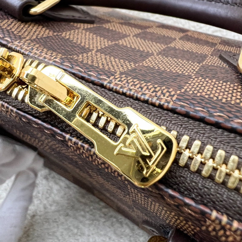 LV Speedy Bandoulière 20 in Damier Ebene Canvas and Chocolate Brown Leather with Beige Canvas Strap