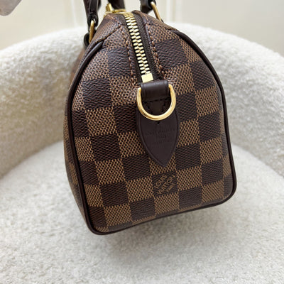 LV Speedy Bandoulière 20 in Damier Ebene Canvas and Chocolate Brown Leather with Beige Canvas Strap