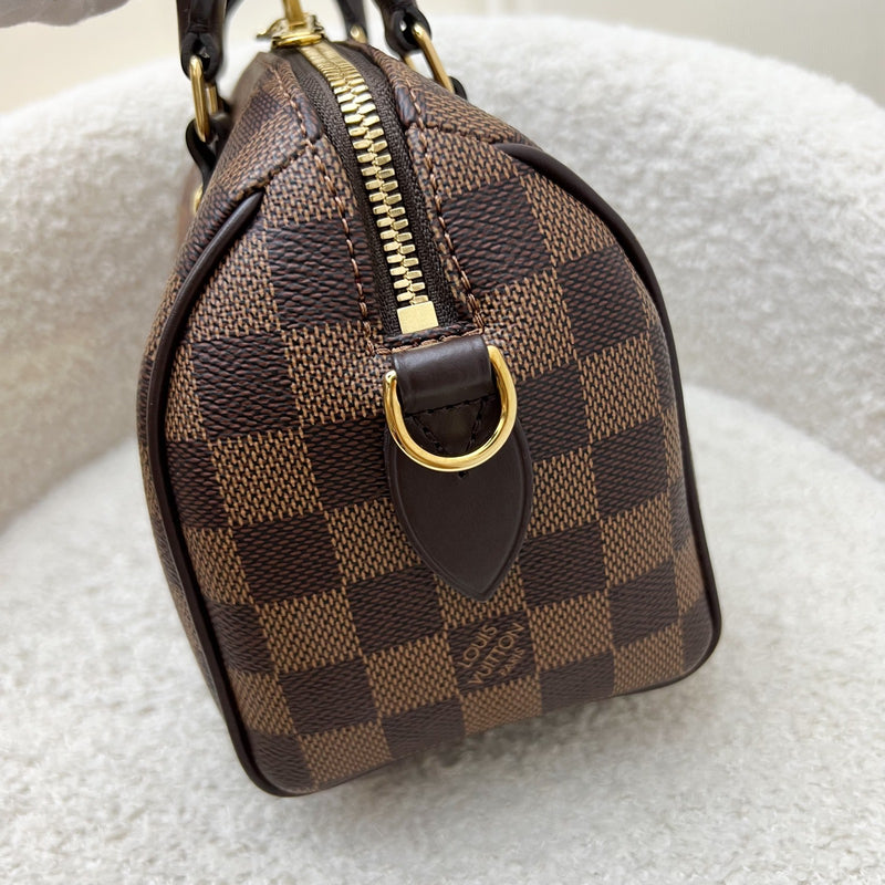 LV Speedy Bandoulière 20 in Damier Ebene Canvas and Chocolate Brown Leather with Beige Canvas Strap