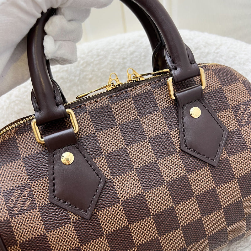 LV Speedy Bandoulière 20 in Damier Ebene Canvas and Chocolate Brown Leather with Beige Canvas Strap