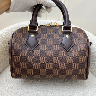 LV Speedy Bandoulière 20 in Damier Ebene Canvas and Chocolate Brown Leather with Beige Canvas Strap