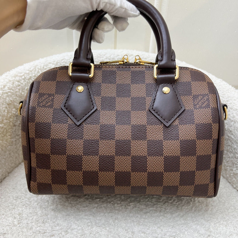 LV Speedy Bandoulière 20 in Damier Ebene Canvas and Chocolate Brown Leather with Beige Canvas Strap