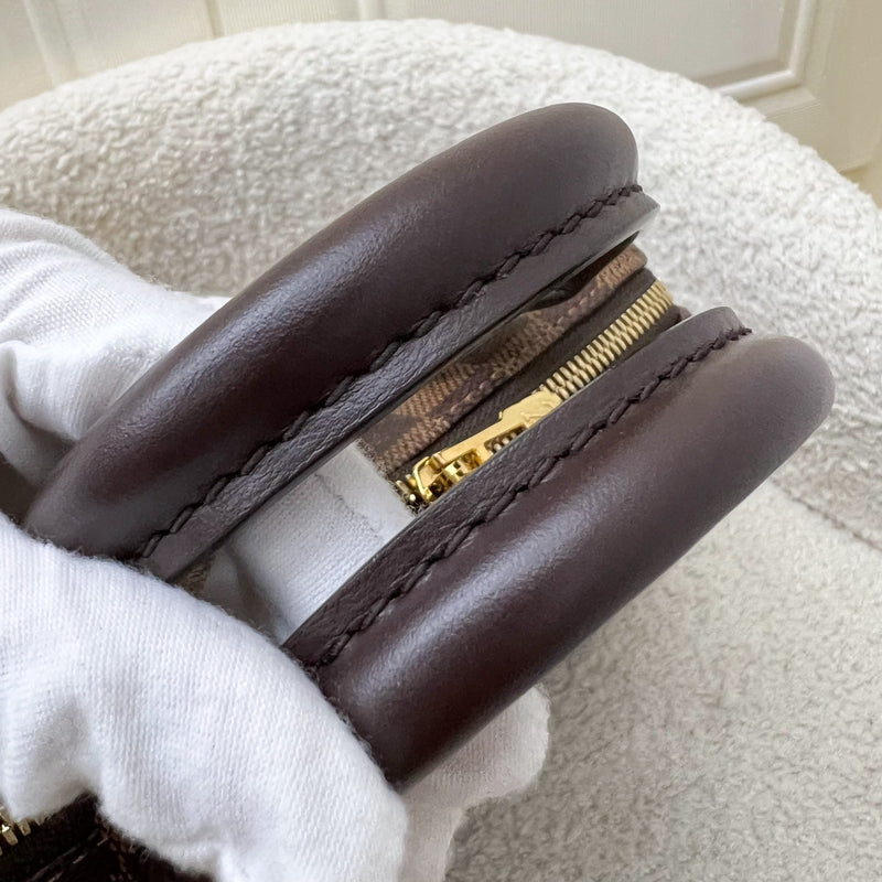 LV Speedy Bandoulière 20 in Damier Ebene Canvas and Chocolate Brown Leather with Beige Canvas Strap