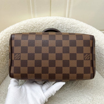 LV Speedy Bandoulière 20 in Damier Ebene Canvas and Chocolate Brown Leather with Beige Canvas Strap