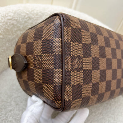 LV Speedy Bandoulière 20 in Damier Ebene Canvas and Chocolate Brown Leather with Beige Canvas Strap