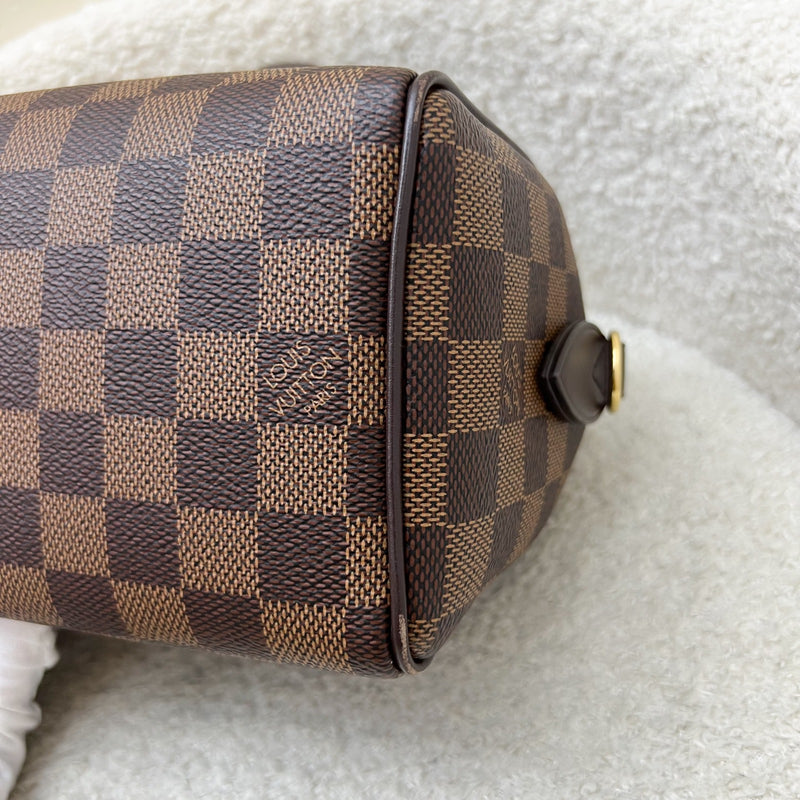 LV Speedy Bandoulière 20 in Damier Ebene Canvas and Chocolate Brown Leather with Beige Canvas Strap