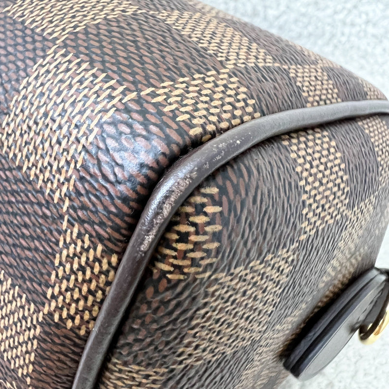 LV Speedy Bandoulière 20 in Damier Ebene Canvas and Chocolate Brown Leather with Beige Canvas Strap