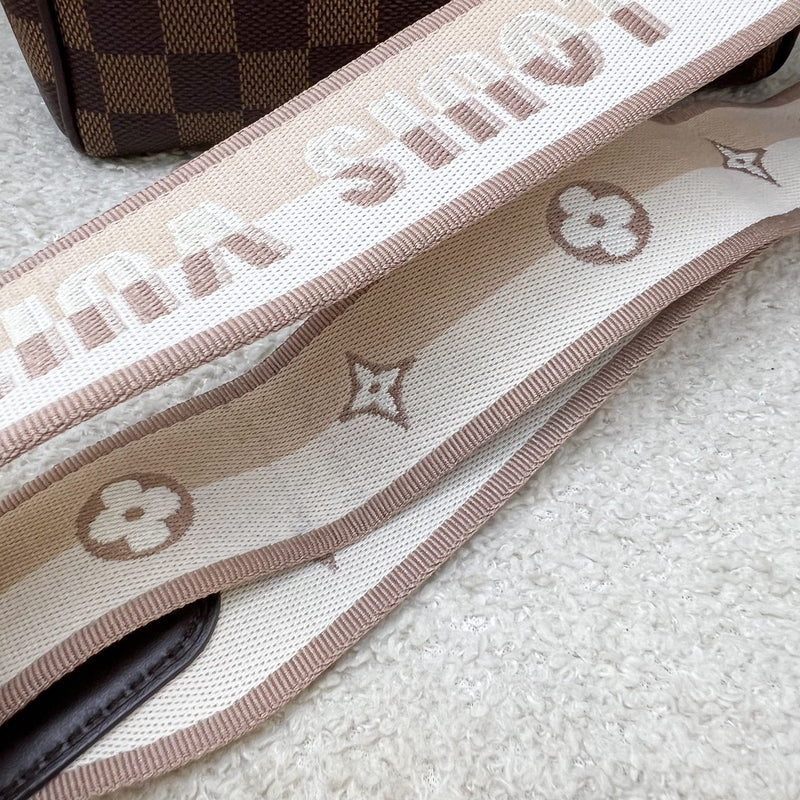 LV Speedy Bandoulière 20 in Damier Ebene Canvas and Chocolate Brown Leather with Beige Canvas Strap