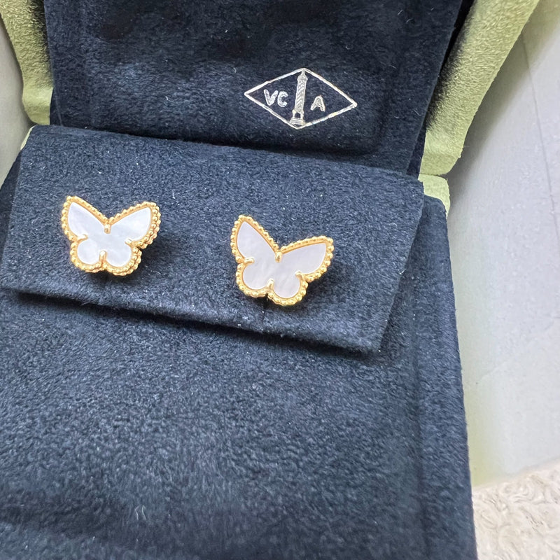 Van Cleef & Arpels VCA Sweet Alhambra Butterfly Ear Studs with Mother of Pearl MOP in 18K Yellow Gold (Ref: VCARN5JM00)